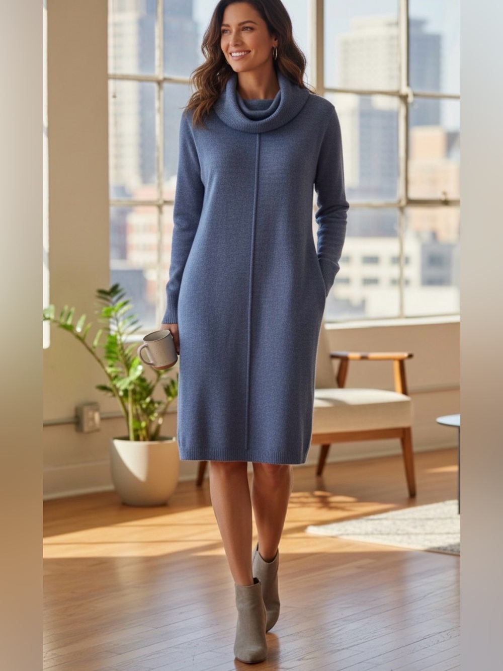 Aggel NWT Blu Knit Sweater M Dress Cowl Neck Lightweight Wool Blend Comfy $115